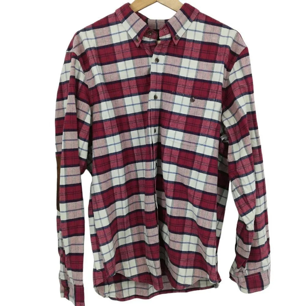 J Crew Flannel Plaid Chamois Elbow Patch Button Up Shirt Size L Red Blue Preppy